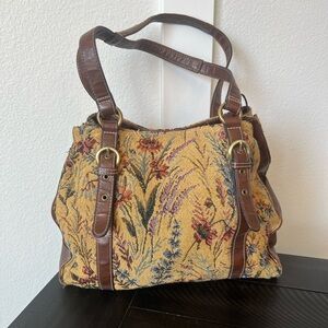 Vintage Needlepoint Tapestry Shoulder Bag purse with brown leather accents